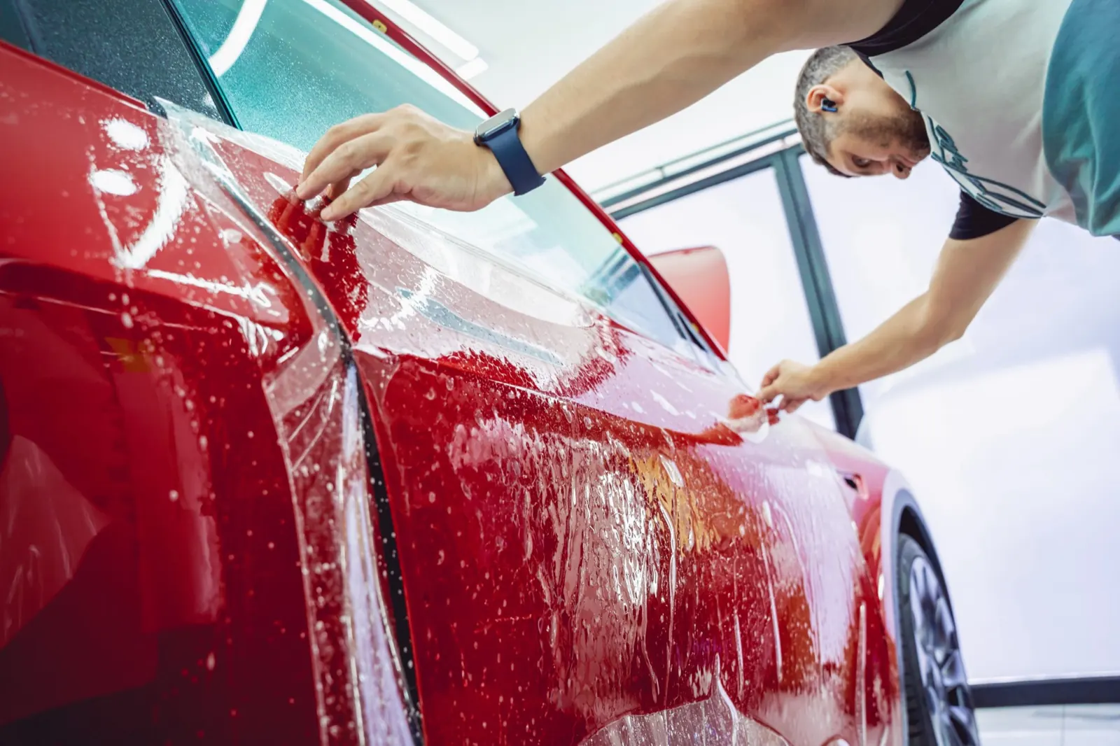 Transparente Lackschutzfolie wird auf einen roten Sportwagen aufgebracht