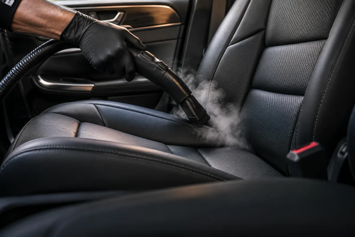 Dampfreinigungsdüse reinigt die Naht eines dunklen Autoledersitzes mit sichtbarem Dampf