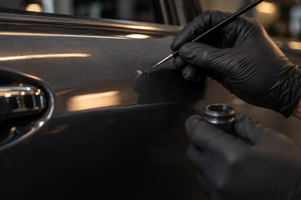 Punktuelle Reparatur eines kleinen Lackschadens mit einem feinen Lackpinsel